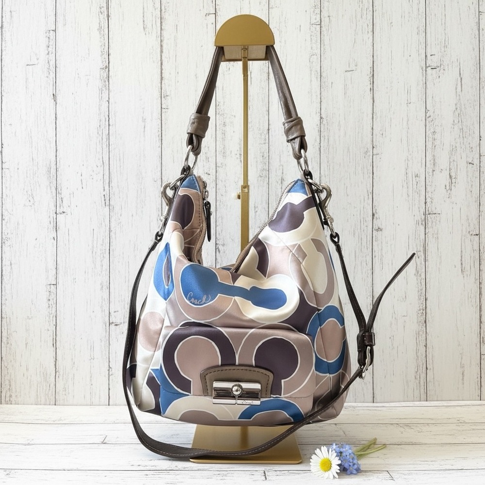 Coach Kristin Satin Signature Flap Push Lock Shoulder‎ Bag Blue Brown